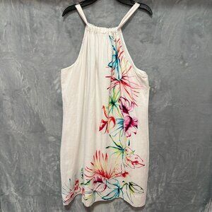 Tommy Bahama 100% Linen Floral Halter Shift Dress L Tropical Hibiscus Print